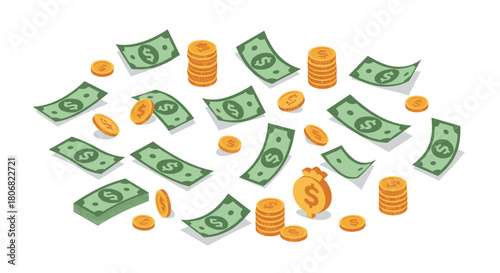 Isometric money rain: falling cash and coins on white background