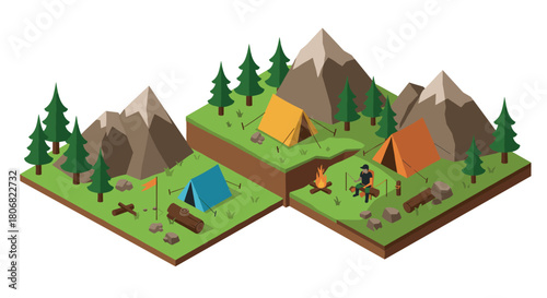 Isometric camping scene with tents, campfire, and pine trees in mountain landscape
