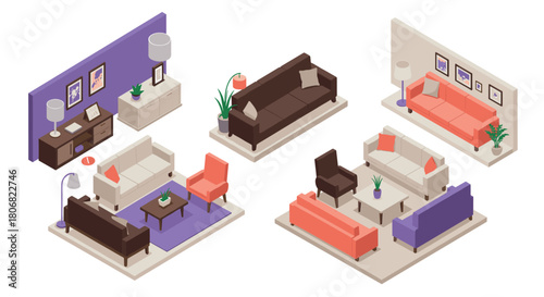 Modern isometric living room designs with stylish furniture and decor elements