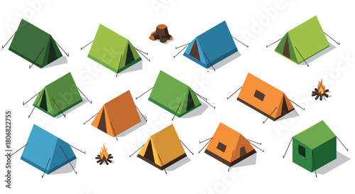 Colorful camping tents and campfires set in isometric style