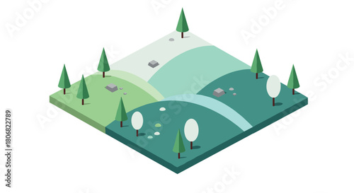 Isometric minimalist landscape with trees and rolling hills in pastel tones