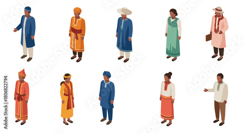 Isometric people in diverse cultural attire standing against white background