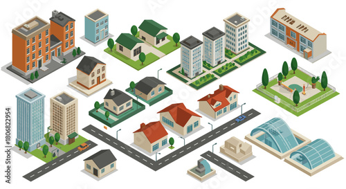 Isometric cityscape with modern buildings and homes in a suburban layout