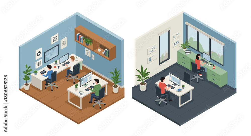 Naklejka premium Modern isometric office spaces illustrating teamwork and remote work scenarios