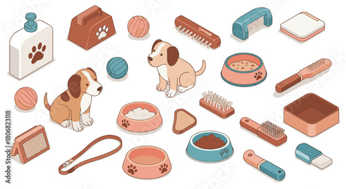 Isometric dog accessories and beagle puppies with toys and grooming items