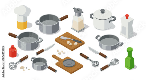 Isometric kitchen tools and utensils set for cooking enthusiasts