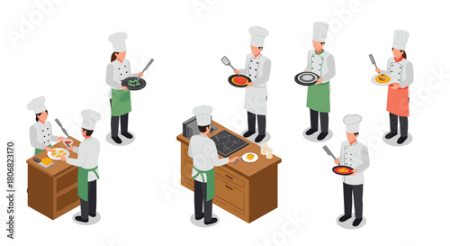 Chef team cooking in kitchen with isometric style and varied dishes