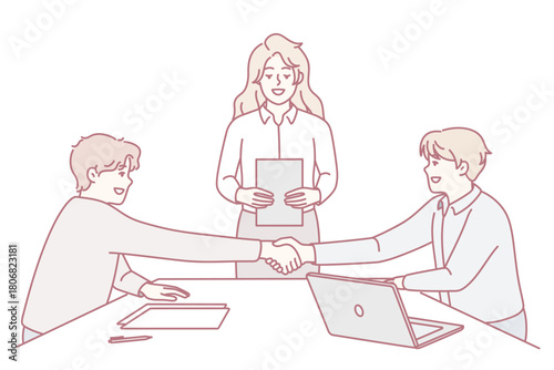People handshake close deal at office meeting. Smiling businessmen shake hands make agreement at briefing. Employment and partnership. Vector illustration.