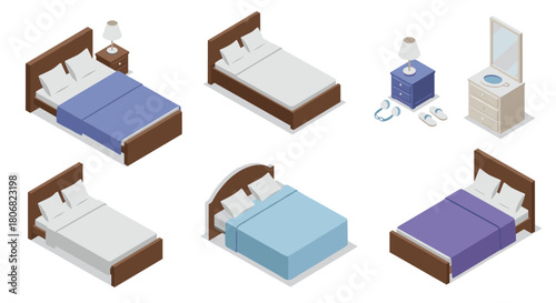 Isometric bedroom furniture set featuring beds, nightstands, and dressers