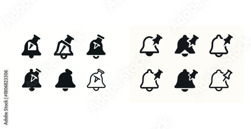 Notification bell icons with play, pin, and mute symbols in black and white design