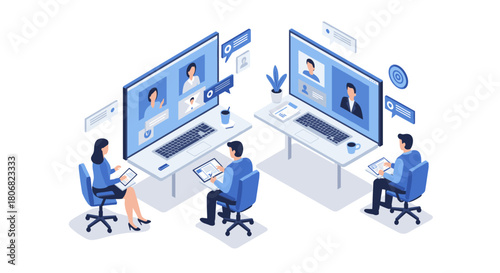 Remote work environment with video conferencing in modern office setting