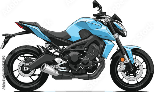 Blue naked sport motorcycle vector illustration, modern streetfighter bike side view, isolated motorbike concept on white background.