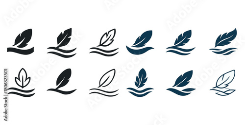 Set of feather and water wave icons in various designs and colors