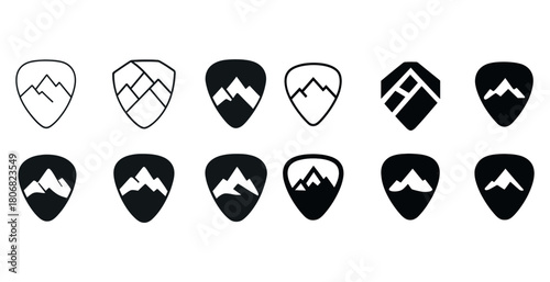 Mountain guitar pick icons set with various designs in black and white