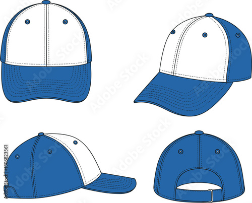 Cad drawing flat vector illustration, baseball cap design, front side rear view, adjustable strap, fashion accessory, headwear template