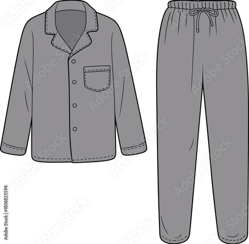 Cad drawing flat vector illustration, pajama set sketch, long sleeve shirt, drawstring pants, sleepwear design, fashion template, garment outline