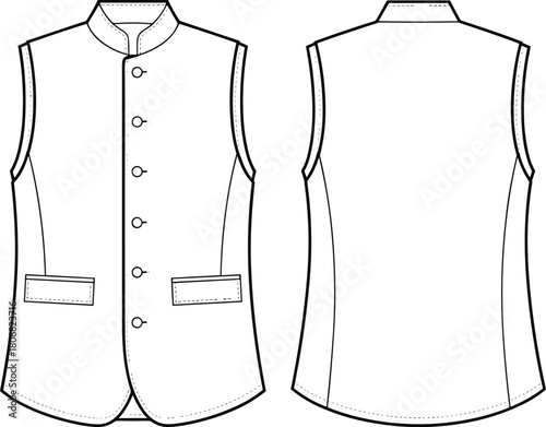 Cad drawing flat vector illustration, sleeveless vest design, mandarin collar fashion, front back view, garment construction template