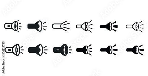 Set of flashlight icons in various styles and sizes on white background