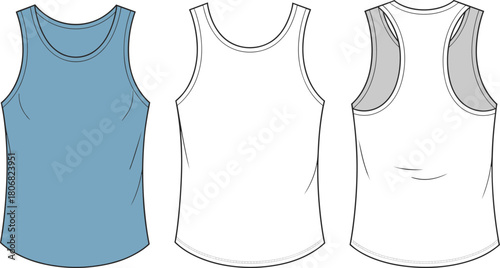 Cad drawing flat vector illustration, tank top fashion design, technical apparel sketch, sleeveless garment template, front back side view