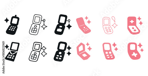 Vintage cell phones and handheld game console icons in black and pink