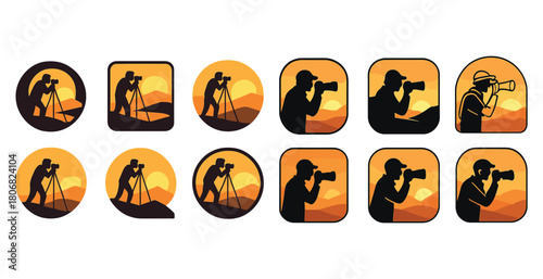 Silhouette photographer icons in sunset landscape theme