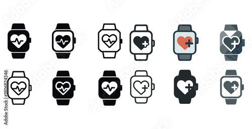 Various smartwatch heart health icons for fitness and monitoring