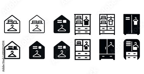Black and white wardrobe icons - closet, hanging, organization symbols