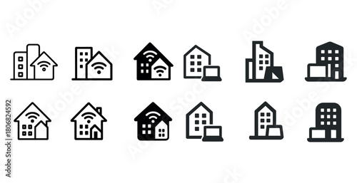 Smart home and office icon set with wi-fi and technology symbols