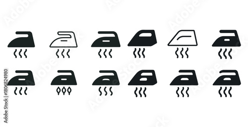 Icons of steam irons with different heat settings in black and white