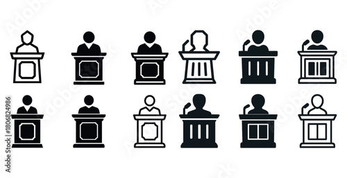 Set of simplified public speaker icon variations in black and white