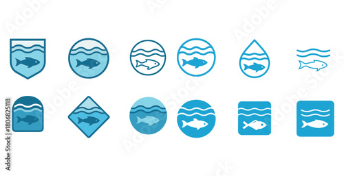Collection of various blue fish icons and symbols in different shapes
