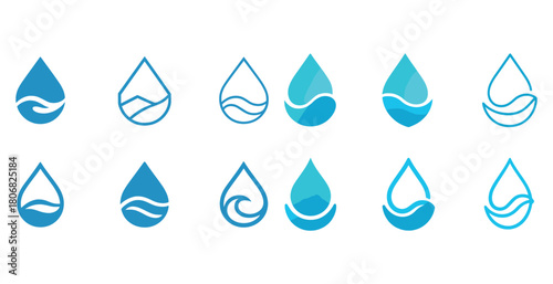 Collection of abstract blue water droplet icons in various designs