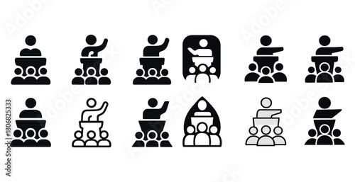 Black and white public speaking icons featuring speakers in various positions