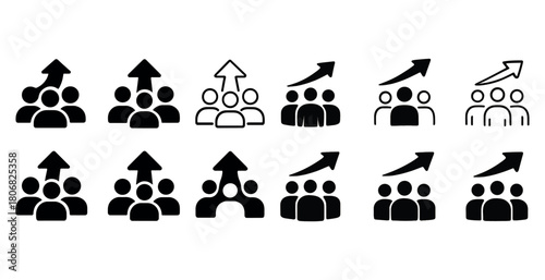 Set of icons depicting team growth and success with arrow symbol in bold and outline styles