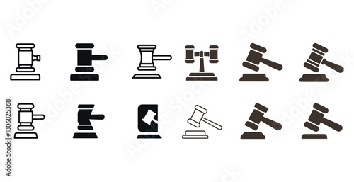 Collection of gavel icons in various styles representing justice and legal themes