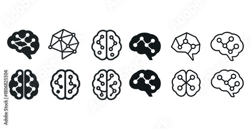 Set of minimalist brain and neural network icons for technology and science