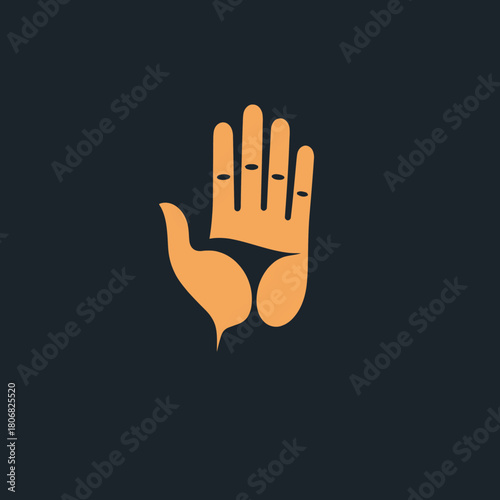 Stylized orange hand symbol with fingers spread against a dark background.