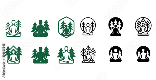 Meditation and nature symbols with trees and human figure in various styles