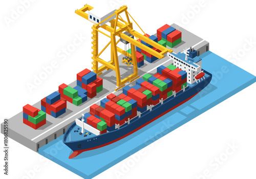 Isometric illustration of a container ship at a port, loading and unloading cargo containers for global trade