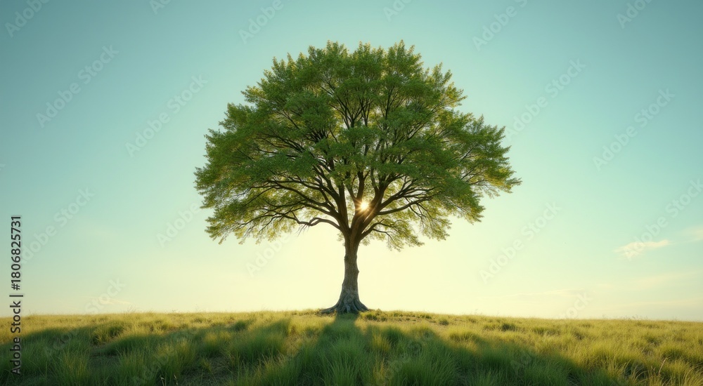 Obraz premium Tree in a grassy field with the sun shining through the branches