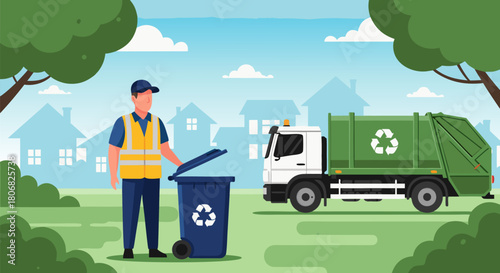 Sanitation worker collecting recyclables with a garbage truck in a suburban town. Eco-friendly waste management and city service vector concept.c