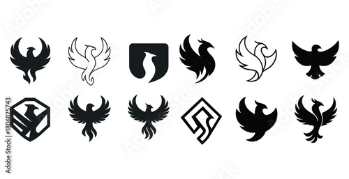 Collection of stylized phoenix icons in various designs and shapes