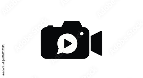 Modern camera icon with play button and speech bubble, representing video content creation and communication.