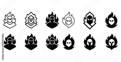 Set of black and white flame icons with masked figures