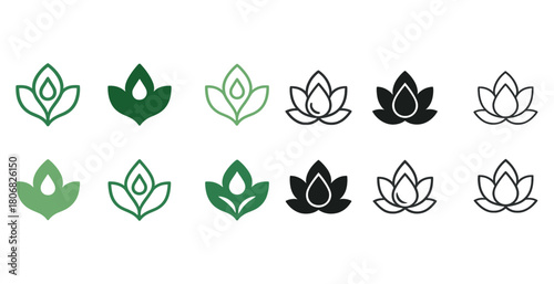 Set of twelve lotus flower icons in black and green with outline variations