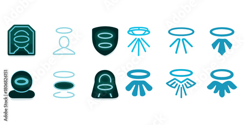 Diverse blue cyber icons with halo variations on white background