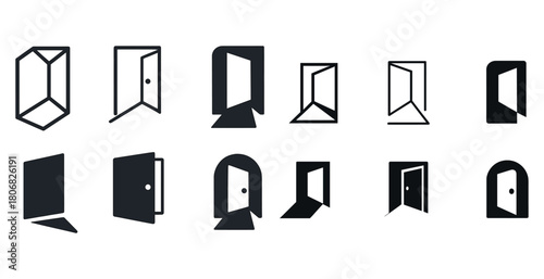 Variety of door icons: styles, shapes, and designs in black and white
