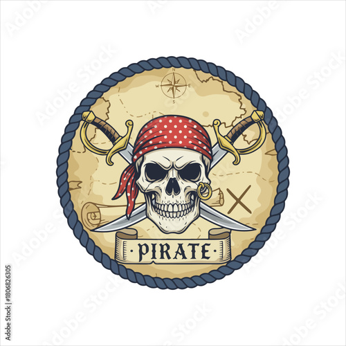 Pirate themed illustration featuring a skull with a red bandana, crossed swords, a treasure map background, and a banner reading "Pirate".