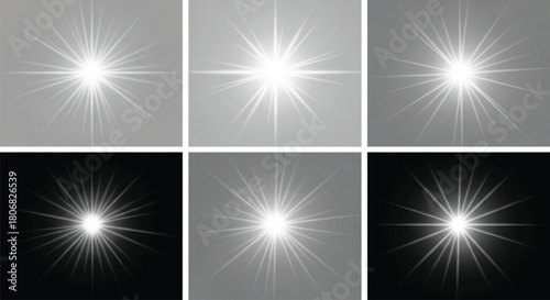 A illustration showcases a set of six starbursts, each radiating light and energy. The varying brightness and contrast create a visually dynamic and captivating effect.