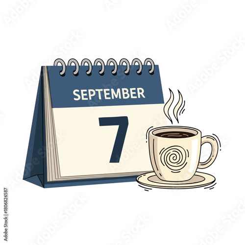 September 7th: A whimsical calendar illustration paired with a steaming cup of coffee aroma